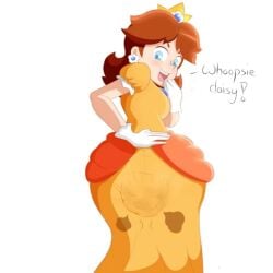 1girls blue_eyes brown_hair female light_skin mario_(series) orange_dress princess_daisy scat scat shit shit shitting simple_background soiling soiling_clothing super_mario_bros. white_background