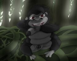 anthro ape bedroom_eyes black_body black_fur bodily_fluids female forest fur genital_fluids gorilla grey_body grey_skin haplorhine hi_res jaythefox333 jungle mammal narrowed_eyes plant primate purple_eyes seductive shadow solo terk tongue tongue_out tree vaginal_fluids vines