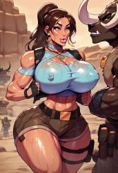 ai_generated big_ass big_breasts bimbo brown_hair civitai cleavage desert fully_clothed fully_clothed_female lara_croft minotaur muscular_male nipples_visible_through_clothing ponytail standing sweat tagme thick_thighs tomb_raider totallynotafurry789 voluptuous