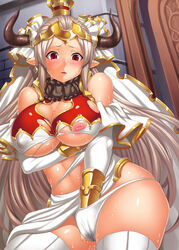 aliza_(granblue_fantasy) blush bracer breast_hold breasts cleavage cleavage_cutout crown earrings female granblue_fantasy headpiece horns inverted_nipples jewelry large_breasts loincloth long_hair masturbation mini_crown nipples panties parted_lips pointy_ears pussy_juice red_eyes silver_hair solo somejima sweat thighhighs torn_clothes underwear very_long_hair white_legwear