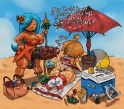 1futa bathing_suit beach beach_towel beach_umbrella big_breasts big_penis blush breasts cookie_run cookie_run_ovenbreak cooler covered_in_cum cum cum_dripping female futa_on_female futa_with_female futanari gr1n15 horsecock horsecock_futanari jungle_girl mustard_cookie reupload smile spear stockings text text_bubble thick_ass thick_thighs tiger_lily_cookie trying_to_resist
