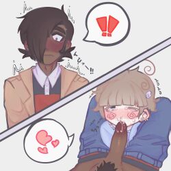 asian_male blowjob blushing brunette_hair cartoony comic_panel curly_hair dark-skinned_male dark_hair dark_skin erection femboy fever_ruruu gay hairclip indian_male japanese_text kissing_penis light-skinned_male light_skin male male/male male_only matthew_patel mini_comic onomatopoeia oral_sex original_character pale-skinned_male pale_skin pants_pull penis pierced_ears piercings precum pubic_hair runny_nose ruru_akiyama(sona) ruruisgoingpostal scott_pilgrim scott_pilgrim_(series) scott_pilgrim_oc scott_pilgrim_takes_off scott_pilgrim_vs._the_world self_insert selfship short_hair snot_bubble sona surprised surprised_expression tears tears_of_pleasure text_bubble yumeshipping