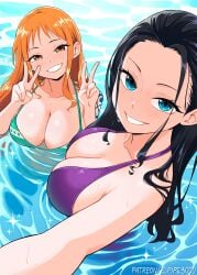 2girls absurdres arm_tattoo arm_up armpit_crease bikini black_hair blue_eyes breasts brown_hair cleavage collarbone double_v elpipe3000 forehead green_bikini grin highres looking_at_viewer multiple_girls nami_(one_piece) nico_robin one_piece orange_hair partially_submerged purple_bikini smile swimsuit tattoo v water wet