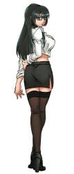 ass black-framed_eyewear black_hair blue_eyes boots breasts cg curvy female full_body glasses green_hair hentai_heroes high_heels kasumi_(doa) kinkoid large_breasts legs lipstick long_hair looking_at_viewer looking_back makeup midriff miniskirt official_art parody pencil_skirt rumiko_(hentai_heroes) shirt simple_background skirt solo standing thick_thighs thighhighs thighs tongue tongue_out transparent_background zettai_ryouiki