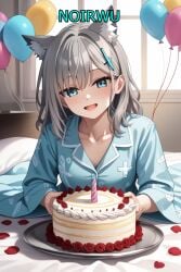 ai_generated birthday birthday_cake blue_archive blue_eyes cross_hair_ornament day extra_ears happy highres medium_hair morning noirwu party shiroko_(blue_archive) smile wolf_ears