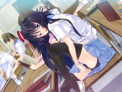 :o black_hair black_legwear black_panties blue_eyes blush book classroom clothed_masturbation clothing desk from_side game_cg kuusou_kagaku_seinen leg_up long_hair looking_at_viewer masturbation nipples open_book open_mouth panties public_masturbation school_desk school_uniform self_fondle sitting skirt smile solo_focus stealth_masturbation stockings thighhighs uke_shokushu underwear yorikawa_yadori