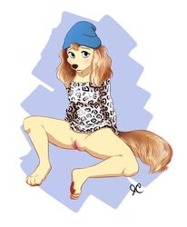 4_toes anthro bottomless canine clothed clothing evelyn female female_only fluffy_tail fur furry half-dressed looking_at_viewer mammal plump_labia pussy sitting solo thelupineprincess