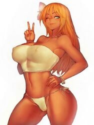 blonde_hair blue_eyes breasts canvas_of_life_manga character_request cleavage erect_nipples female fumio_(rsqkr) gyaru hair_ornament hand_on_hip koral large_breasts long_hair smile solo standing v wink