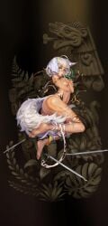 1girl 1girls 9:16 anisa_(king_of_kinks) ass covering_breasts exposed_breasts feet female fox_ears fox_girl fox_tail game_cg grabbing_own_breast green_eyes king_of_kinks naked nutaku petite small_breasts tagme tail white_hair
