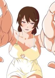 braid breasts brown_eyes brown_hair cleavage female hanekawa_tsubasa highres huge_breasts kizumonogatari looking_at_viewer monogatari_(series) outstretched_arms smile