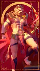 4_toes 5_fingers abs anthro athletic athletic_anthro athletic_male balls blonde_mane bottomwear brown_nose chest_tattoo clothed clothed_anthro clothed_male clothing crown feet felid fingers forehead_tattoo fur genitals headgear hi_res hindpaw humanoid_hands leonidas_(sidekick) lion loincloth male mammal mane melee_weapon nipple_piercing nipple_ring nipples pantherine paws piercing polearm ring_piercing shoulder_pads sidekick solo spear tan_body tan_fur tattoo toes weapon wearing_crown