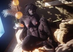 3d_(artwork) abs annoad anthro black_body black_fur black_hair blue_eyes breasts digital_media_(artwork) fangs felid female fur furniture genitals hair half-closed_eyes hand_on_knee hand_on_leg hi_res jewelry looking_at_viewer mammal medium_breasts muscular muscular_anthro muscular_female narrowed_eyes navel necklace necklace_only nipples nude nude_anthro nude_female on_sofa open_mouth pantherine pink_nipples pussy shani_(annoad) sharp_teeth sitting sitting_on_sofa sofa solo spread_legs spreading teeth thick_thighs whiskers