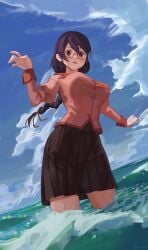 1girls absurdres bakemonogatari black-framed_eyewear black_hair black_skirt blush braid braided_ponytail breasts brown_eyes cloud cloudy_sky covered_erect_nipples cowboy_shot day dutch_angle female glasses hair_between_eyes hair_ornament hair_ribbon hairclip hand_up hanekawa_tsubasa highres in_water juliet_sleeves large_breasts long_hair long_sleeves looking_at_viewer medium_skirt monogatari_(series) naoetsu_high_school_uniform ocean open_mouth outdoors outstretched_arm pink_shirt pleated_skirt puffy_sleeves ribbon school_uniform semi-rimless_eyewear shirt sidelocks skirt sky solo straight_hair teeth toxic_(toxicv) twitter_username upper_teeth_only very_long_hair yellow_ribbon