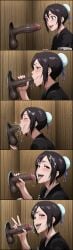 1boy 1girl ai_generated balls black_hair bleach blowjob brown_eyes brown_hair cum cum_in_mouth dark-skinned_male dark_hair dark_skin deepthroat fellatio female glory_hole hair_bun hinamori_momo huge_cock interracial iwao178_(ai_style) kimono large_penis light-skinned_female light_skin looking_at_viewer male male/female male_pubic_hair oral oral_sex orgasm peace_sign penis sparda_(artist) straight sucking_penis testicles v v_sign veiny_penis