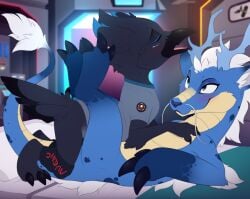 2024 3_toes anthro anthro_on_anthro avian beak bird black_body black_tail blue_body blue_eyes blue_scales blue_tail blur_body blush bottomwear bottomwear_down claws closed_eyes clothed clothed_male clothing corvid corvus_(genus) delve_into_pawssion dipstick_tail dragon duo eastern_dragon english_text feet female female_on_bottom female_penetrated flox from_front_position fur hi_res horn inside interspecies legs_up looking_at_another looking_at_partner lying male male/female male_on_top male_penetrating markings meraence missionary_position multicolored_body multicolored_scales mythological_creature mythological_scalie mythology nude on_back on_bottom on_top open_mouth oscine pants pants_down partially_clothed partially_clothed_anthro partially_clothed_male passerine penetration raven scales scalie selbste sex tail tail_markings tan_body tan_scales text toes white_body white_fur white_tail_tip
