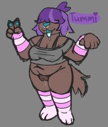 accessory anthro areola_outline arm_warmers armwear belly bodily_fluids brown_body brown_fur canid canine canis clothing domestic_dog dripping dripping_pussy drooling facial_piercing female fur genitals gesture hair hair_accessory hair_over_eyes hand_gesture heart_symbol herding_dog leg_warmers legwear mammal navel nose_piercing nose_ring pastoral_dog piercing porbol purple_hair pussy ring_piercing saliva shaved_pussy sheepdog slightly_chubby smelly solo stained_clothing stretch_marks sweat sweaty_clothing tail teeth tongue tongue_out tummi_(porbol) v_sign