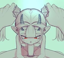 1boy artist_request breasts demon_girl ear_piercing fellatio female horns monochrome nirunotnori oral original penis piercing pointy_ears pov simple_background small_breasts spot_color straddling thong twintails young