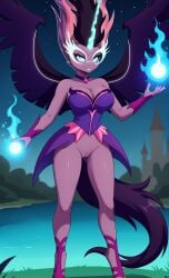 1girls 2025 ai_generated alicorn anthro blue_sclera bottomless bottomless_female cleavage digitigrade equine female female_only hasbro hi_res innie_pussy magic magic_user midnight_sparkle my_little_pony night outdoors pony purple_eyes purple_fur purple_hair pussy royalty smile unicorn_horn wings