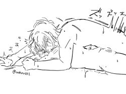 2boys anal anal_sex blush completely_nude from_behind gay gintama implied_anal male male_only monochrome mukai00_2 no_visible_genitalia nude on_stomach profile prone_bone sakamoto_tatsuma side_view sketch sweat takasugi_shinsuke yaoi
