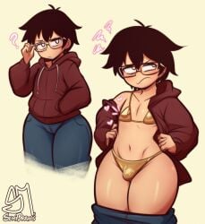 1boy bikini bulge bulge_through_clothing femboy golden_bikini male semidraws shy thick_ass thick_thighs