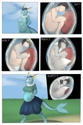 2017 ambiguous_gender anthro biped black_hair blue_body blue_eyes bottomwear breasts closed_eyes clothed clothing colored comic crop_top curled_up dipstick_tail duo eevee eeveelution english_text featureless_breasts female fetal_pose fur generation_1_pokemon hair hi_res human_to_anthro implied_unbirth internal john_(swack16) male markings nintendo non-mammal_breasts nude outside pokemon pokemon_(species) pregnancy_progression pregnant pregnant_anthro pregnant_female shirt shrinking size_transformation skirt sky smile species_transformation standing tail tail_markings text tomek1000 tomek1000_(character) topwear transformation transformation_sequence uterus uterus_view vaporeon white_body white_fur