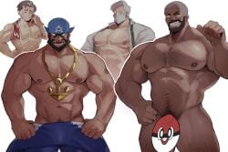 2025 4boys abs archie_(pokemon) bara barazoku black_hair blue_bandanna blue_bodysuit blue_clothing blue_kerchief blue_skinsuit body_hair bodysuit brown_hair censored chest_hair clothed clothing drayden facial_markings gesture gold_(metal) gold_jewelry gold_necklace green_suspenders grey_hair group gym_leader hair hand_gesture head_markings human jewelry k0bit0wani kerchief looking_at_viewer male male_only mammal markings muscular muscular_human muscular_male necklace nintendo nude obliques open_clothing open_mouth open_shirt open_topwear pecs peony_(pokemon) pointing pointing_at_self pokeball pokeball_censor pokemon pokemon_bw pokemon_oras pokemon_swsh pubes red_towel shirt simple_background skinsuit smile suspenders team_aqua tight_clothing topless topwear towel towel_around_neck unbuttoned_shirt white_background white_facial_hair white_hair