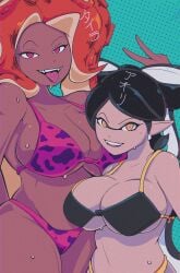 2girls bananawithas bikini black_bikini black_hair breasts callie_(splatoon) cleavage earrings inkling inkling_girl large_breasts leopard_print leopard_print_bikini long_hair looking_at_viewer mole mole_under_eye nintendo octoling octoling_girl octoling_rival open_mouth pink_bikini pink_eyes pointy_ears red_hair splatoon tentacle_hair tongue tongue_out v v_sign wet yellow_eyes