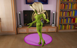 1girls 3d alien alien_girl artist_name back_view bare_shoulders barefoot beauty_mark bed big_breasts book busty butt_crack curvy detailed_background erect_nipple erect_nipples eyelashes female female_only green_skin hourglass_figure humanoid indoors inside kondaspeter looking_up makeup marilyn_(planet_51) mole naked nude planet_51 pose posing room shadow shiny shiny_skin sideboob solo voluptuous walking white_hair wide_hips