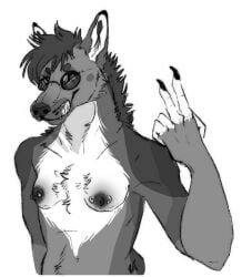 anthro breasts canid canine canis domestic_dog eyewear female german_shepherd glasses herding_dog mammal monochrome nipple_piercing nipples pastoral_dog piercing saberhorn small_breasts solo