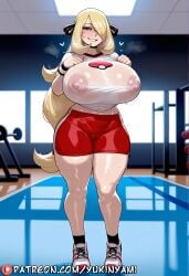 1boy 1girls ai ai_generated bedroom_eyes big_breasts blush breasts breasts_bigger_than_head clothing cynthia_(pokemon) english eyes female feminine feminine_body feminine_pose gym gym_clothes gym_shorts gym_uniform heart huge_breasts large_breasts long_hair nipples open_mouth patreon patreon_username pokemon pokemon_dppt pussy pussy_lips red_shorts sexy shirt shoes shorts slender straight sweat teeth text thick_thighs thighhighs thighs uncensored wet white_shirt white_shoes yukinyami