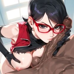 1boy 1girls age_difference aged_up ai_generated black_hair boruto:_naruto_next_generations clothed clothed_sex female female_focus interracial male male/female naruto naruto_(series) paizuri sarada_uchiha straight teenage_girl teenager titjob
