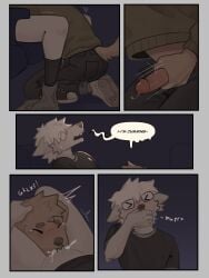 absurd_res anthro biped blush bodily_fluids bottomless canid canine canis clothed clothing cum cum_in_mouth cum_inside cute_fangs dialogue domestic_dog duo erection fangs fur genital_fluids genitals glans grey_body grey_fur hi_res humanoid_genitalia humanoid_penis male male/male mammal open_mouth oral oral_penetration penetration penile penile_penetration penis precum sex sgguzz speech_bubble tail tan_body tan_fur tan_tail teeth topwear