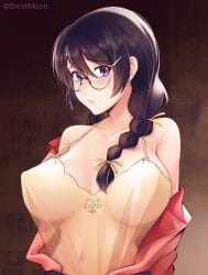 bakemonogatari bare_shoulders blush braid breasts camisole cleavage collarbone covered_erect_nipples dootmoon female glasses hanekawa_tsubasa large_breasts long_hair long_sleeves looking_at_viewer monogatari_(series) off_shoulder purple_eyes purple_hair retrousse_breasts see-through_clothes twin_braids