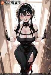 ai_generated answering_door asmutcriminal bangs bare_shoulders black_dress black_gloves black_hair black_legwear blush breasts choker cleavage collarbone dress earrings eyebrows_visible_through_hair female flower gloves hair_between_eyes hair_flower hair_ornament jewelry large_breasts long_hair looking_at_viewer mole open_mouth red_eyes smile solo tagme thighhighs thighs window