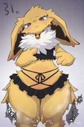 bell black_bottomwear black_clothing black_skirt black_topwear bodily_fluids bottomwear clothing cum eeveelution eyelashes female fur generation_1_pokemon genital_fluids hi_res ingi japanese_text jolteon kemono multi_nipple nintendo nipples offscreen_character offscreen_male paws pokemon pokemon_(species) purple_eyes semi-anthro skirt solo standing sweat sweatdrop teeth text topwear white_body white_fur yellow_body yellow_ears yellow_fur