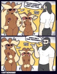 2025 5_fingers absurd_res anthro areola ass beard black_hair black_sclera blush bottomwear breasts brown_areola brown_body brown_fur brown_nipples clothed clothed_human clothed_male clothing dialogue digital_media_(artwork) english_text facial_hair female fingers front_view fully_clothed fully_clothed_human fully_clothed_male fur generation_4_pokemon genitals group hair hi_res human looking_at_another looking_at_viewer lopunny male mammal moustache navel nintendo nipples nude nude_anthro nude_female pokemon pokemon_(species) pussy red_eyes smile teeth text the_man the_man_(character) topwear trio