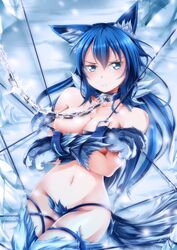 animal_ears bare_shoulders blue_eyes blue_hair bondage bound breasts chains claws cleavage collar cuffs female fenrir_(shinkai_no_valkyrie) frown highres ice leash long_hair looking_at_viewer navel nude shinkai_no_valkyrie solo yasume_yukito