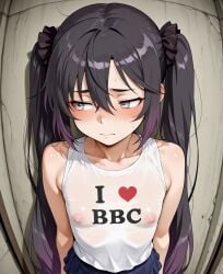 ai_generated bbc before_sex blush fisheye flat_chest genshin_impact hoyoverse i_love_bbc love_bbc mona_(genshin_impact) nipples nipples_visible_through_clothing shy skirt slutty_clothes small_breasts standing text tight_clothing tshirt writing