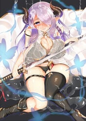 blue_eyes breasts cum cum_on_body draph_race_(granblue_fantasy) female gloves granblue_fantasy hair_over_one_eye highres horns kasappi katana large_breasts lavender_hair long_hair narmaya_(granblue_fantasy) pointy_ears solo sword weapon