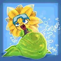 1:1 2025 ambiguous_gender belly big_belly blue_background blue_eyes blush blush_lines bone bone_imprints cami_gz clothed clothing digital_drawing_(artwork) digital_media_(artwork) digital_painting_(artwork) electronic_arts elemental_creature eye_roll eyewear fan_character flora_fauna flower flower_creature freckles front_view goggles green_body imprint lunar_frost male_(lore) multicolored_body navel not_furry onomatopoeia open_mouth painting_(artwork) plant plants_vs._zombies plants_vs_zombies popcap_games pseudo_hair rumbling_stomach simple_background solo sound_effects standing sunflower_(pvz) text tongue topwear two_tone_body vore yellow_body