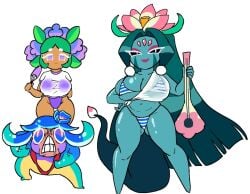 1ambiguous 2girls big_breasts blue_hair bra breasts cookie_run cookie_run_ovenbreak dracoarcto female hydrangea_cookie lotus_dragon_cookie pond_dino_cookie trio