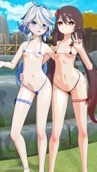 2girls 3d amber_eyes blender blenderchad blue_eyes cute furina_(genshin_impact) genshin_impact hot_spring hoyoverse hu_tao_(genshin_impact) micro_bikini posing skimpy slim_waist small_breasts tagme thighs twintails v_sign wet_body wet_skin