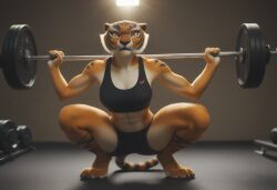 ai_generated anthro anthropomorphic beautiful feline feline_humanoid female fur furry furry_only gym gym_clothing kung_fu_panda master_tigress red_eyes sexy sexy_body sexy_pose squatting tiger tiger_girl tigress tigress_(kung_fu_panda) training weightlifting
