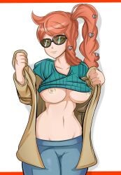 2019 breasts female female_only green_eyes long_hair looking_at_viewer nintendo nipples open_jacket orange_border orange_hair pokemon pokemon_trainer shirt shirt_lift shirt_up side_ponytail sonia_(pokemon) sovereignless sunglasses tied_hair trenchcoat white_background