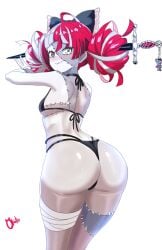 absurdres alternate_costume artist_name ass bandaged_leg bandages bikini black_bikini black_bow blush bow breasts charm_(object) closed_mouth colored_skin diamond-shaped_pupils diamond_(shape) double_bun female frilled_bow frills from_behind green_eyes grey_skin hair_bun hairbow heterochromia highres hololive hololive_indonesia kureiji_ollie looking_back mismatched_pupils multicolored_eyes multicolored_hair multicolored_skin okatosen patchwork_skin red_eyes red_hair small_breasts solo stitched_face stitched_leg stitched_torso stitches swimsuit sword symbol-shaped_pupils v virtual_youtuber weapon white_hair x-shaped_pupils yellow_eyes zombie