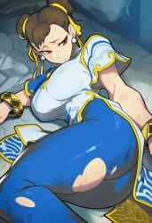 ai_generated big_ass big_breasts breasts capcom cattlec chun-li clothed_female damaged_clothes defeat defeated defeated_heroine female huge_breasts imminent_rape lose sad scratches street_fighter street_fighter_6 tight_clothing