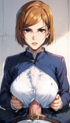 1boy 1girls absurdly_large_cock ai_generated female horse_penis horsecock huge_breasts huge_cock jujutsu_kaisen male male/female nobara_kugisaki open_jacket paizuri paizuri_under_clothes paralap tagme uniform