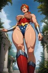 2d ai_generated arm_guards armguard artemis_of_bana-mighdall blue_panties breasts corset dc dc_comics female ginger ginger_hair greek headgear headpiece large_breasts muscular muscular_female orange_hair ponytail red_boots red_corset thick_thighs tiara warrior_woman wonder_woman wonder_woman_(cosplay) wonder_woman_(series)