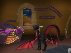 2024 activision apollyondragon bed bedding bedroom blanket claws cynder dialogue dragon duo english_text female feral furniture genitals hi_res horn male morning mythological_creature mythological_scalie mythology open_mouth paws pillow pussy rear_view scalie sleeping spyro spyro_the_dragon tail text waking_up wings yawn