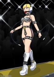 1girls ankle_cuffs ball_gag blonde_hair blue_eyes catwalk chastity_belt chastity_bra chastity_device collar cuff_(restraint) female female_chastity female_focus femsub gag gagged high_heels lock metal_bra metal_collar metal_cuffs plasma-dragon platform_heels wrist_cuffs